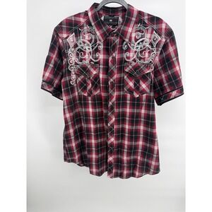 Pop Icon Clothing Buckle Mens 2XL Red Black Plaid Embroidered Western Shirt SS